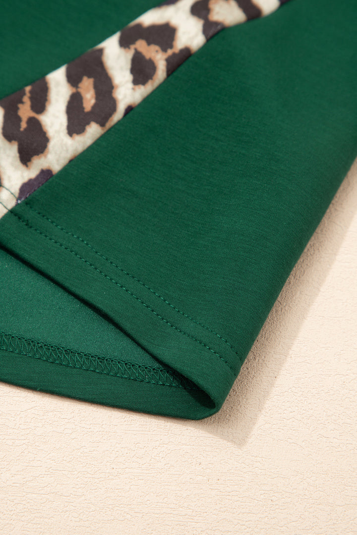 Green Leopard Trim Round Neck Loose T Shirt