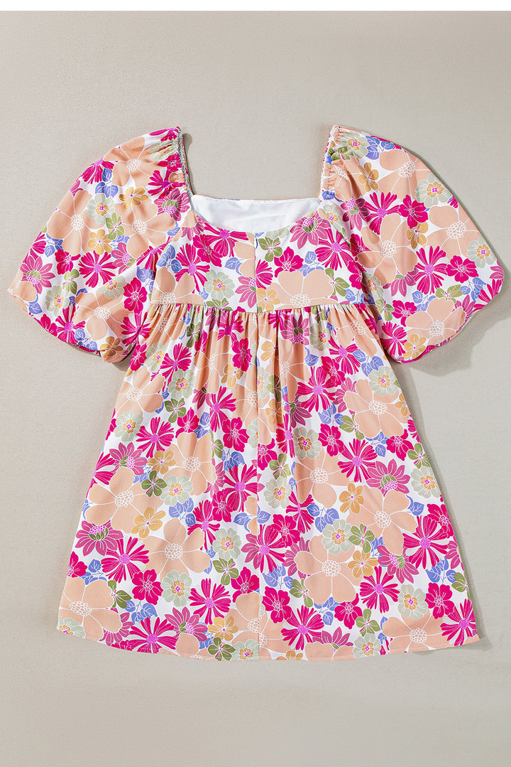 Pink Summer Floral Square Neck Puff Sleeve Babydoll Dress