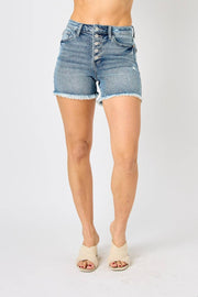 Judy Blue Full Size Button Fly Raw Hem Denim Shorts - Medium / S