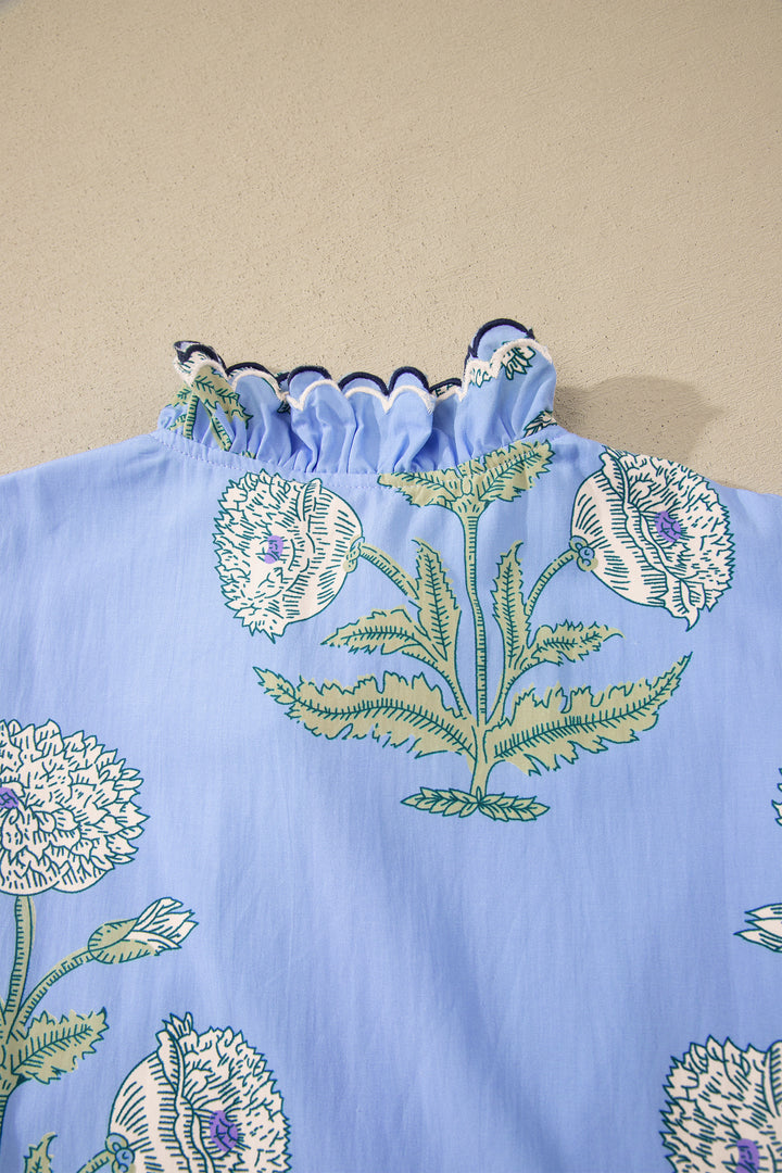 Wild Floral Print Scalloped Embroidery Trim V Neck Drop Waist Mini Dress