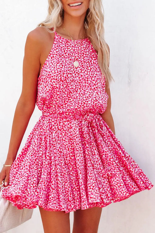 Pink Leopard Print Sleeveless Mini Dress with Waist Tie - Pink / L / 100%Polyester