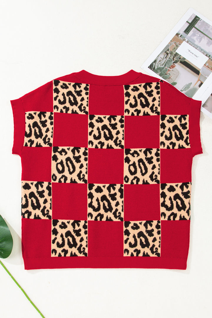 Red Leopard Checkerboard Short Sleeve Knit Sweater