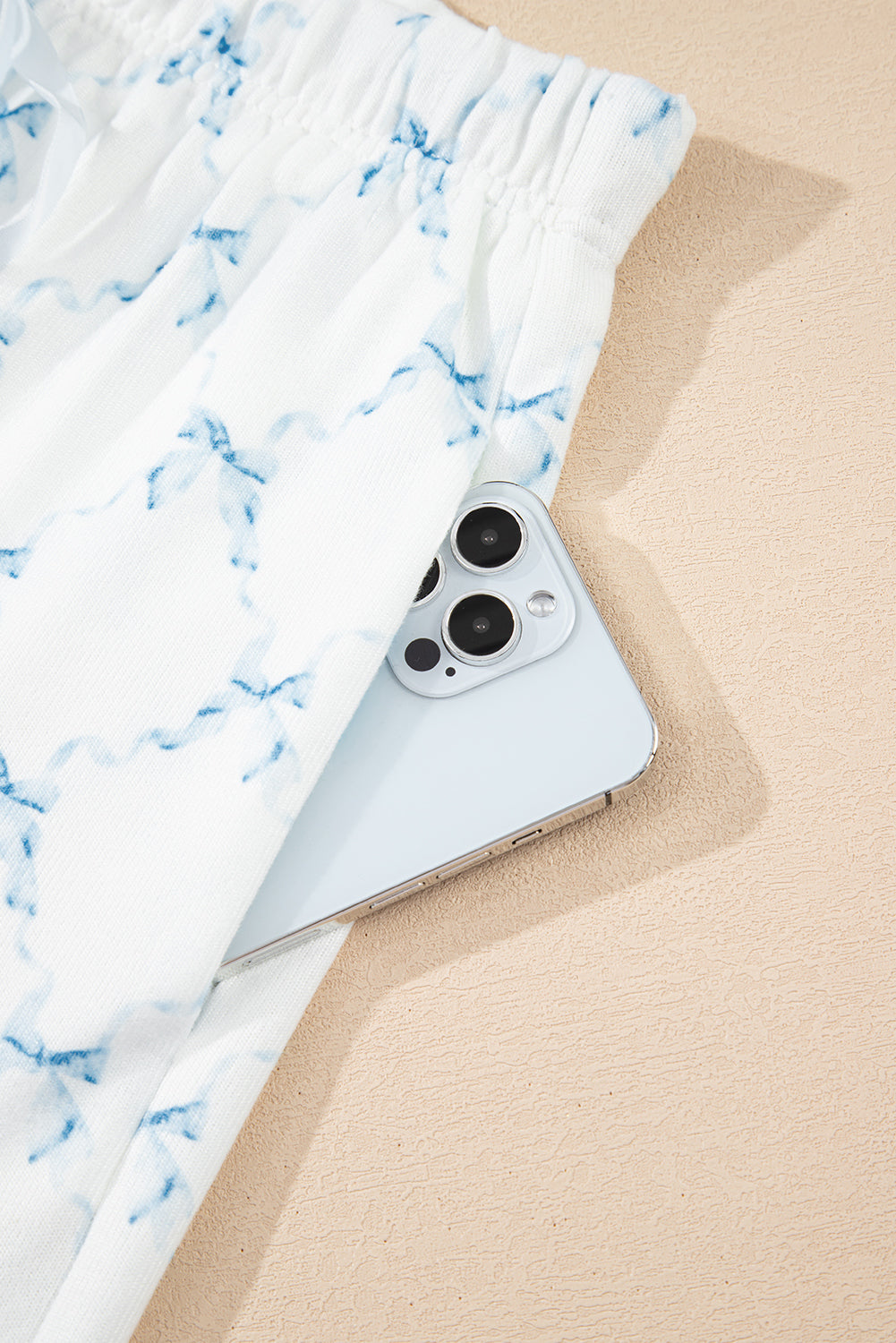 Sky Blue Bow Knot Geometric Print Lettuce Trim Two Piece Lounge Set