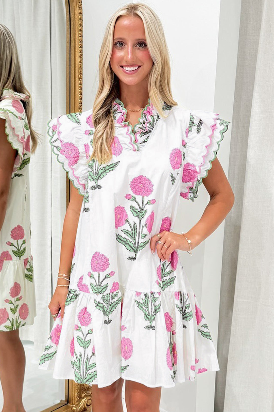 Wild Floral Print Scalloped Embroidery Trim V Neck Drop Waist Mini Dress