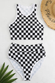 two pieces of black and white checkered swimsuit