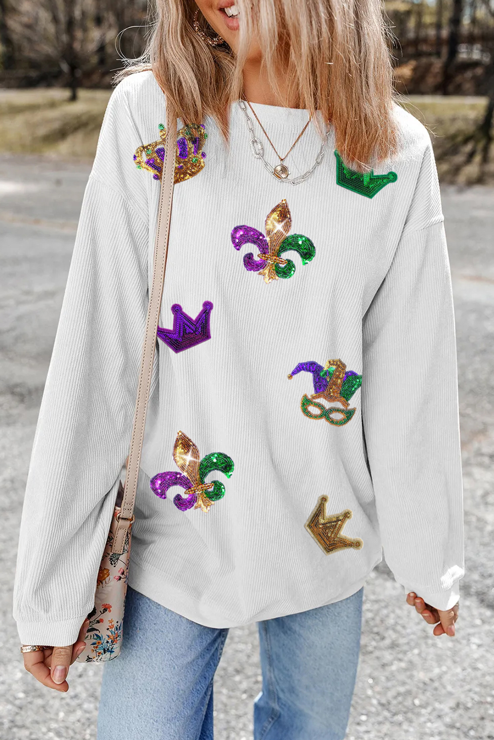 White  Mardi Gras Symbol Crown Mask Patched Corded Sweatshirt