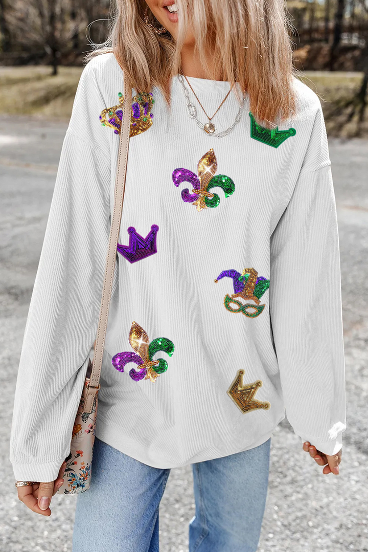 White  Mardi Gras Symbol Crown Mask Patched Corded Sweatshirt