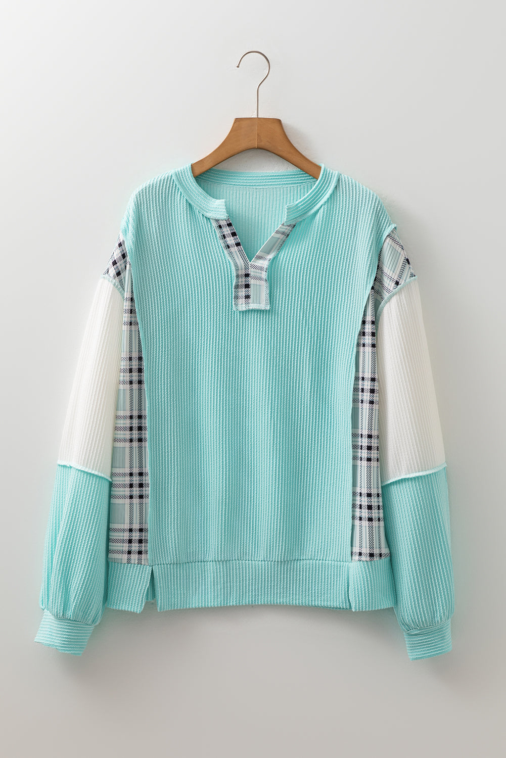 Aruba Blue Corded Texture Plaid Colorblock Patchwork Split Neck Long Sleeve Top