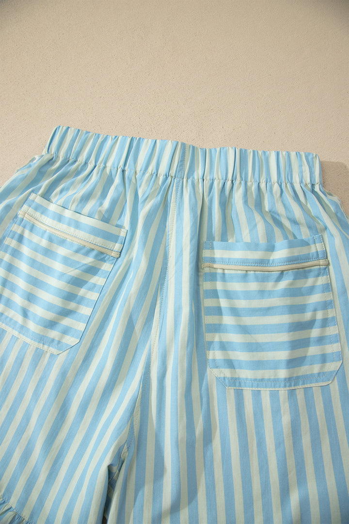 Stripe Elastic Waist Ruffle Trim Casual Shorts