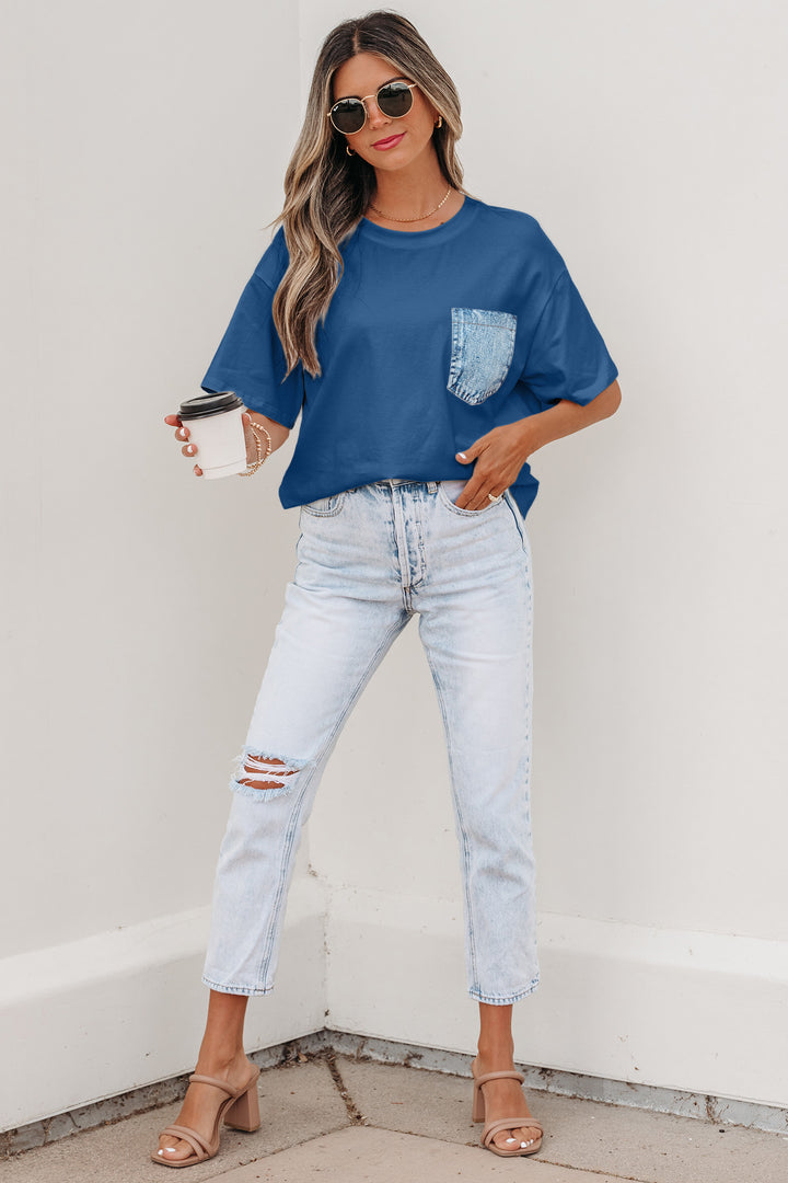 Color Block Chest Pocket Patched Casual Short Sleeve Top