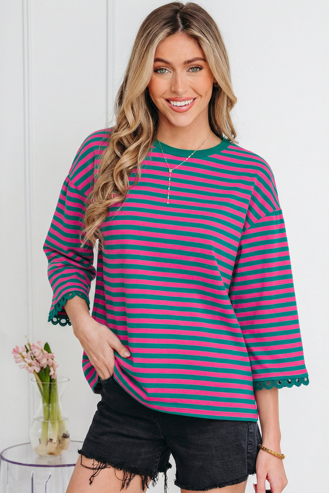 Racing Striped Print Drop Shoulder Lace Trim Bracelet Sleeve Loose Top