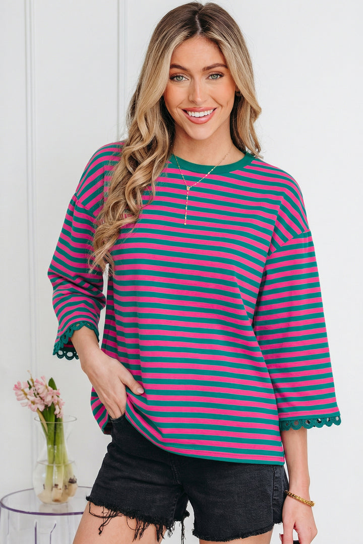 Racing Striped Print Drop Shoulder Lace Trim Bracelet Sleeve Loose Top