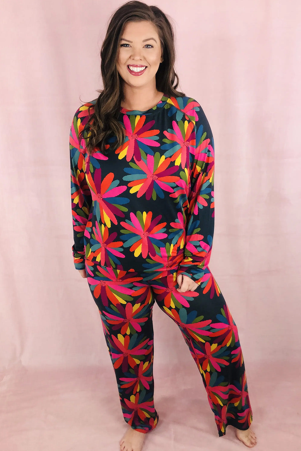 Plus Size Printed Long Sleeve and Pants Lounge Set