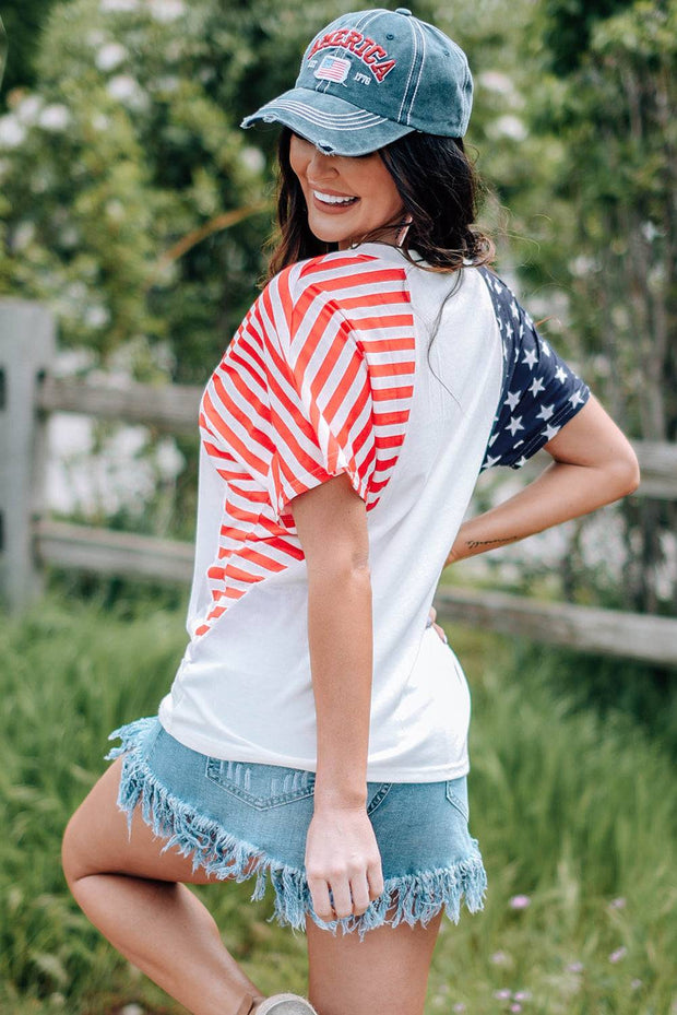 American Flag Print Short Sleeve V Neck T Shirt -