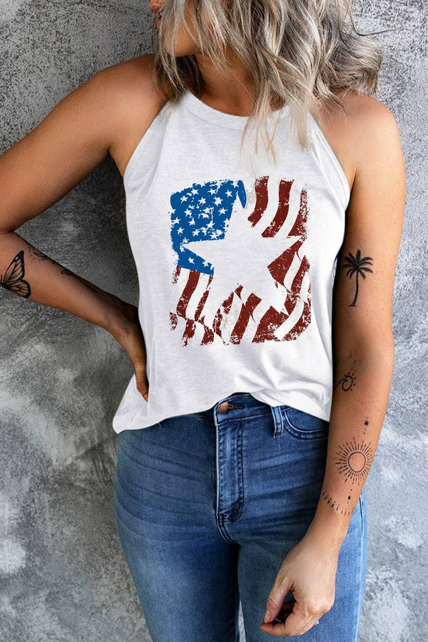 a woman wearing a tank top with an american flag design