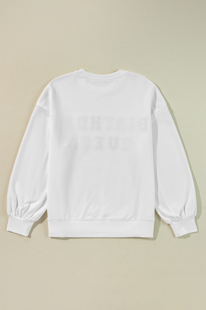 White BIRTHDAY QUEEN Graphic Lantern Sleeve Sweatshirt