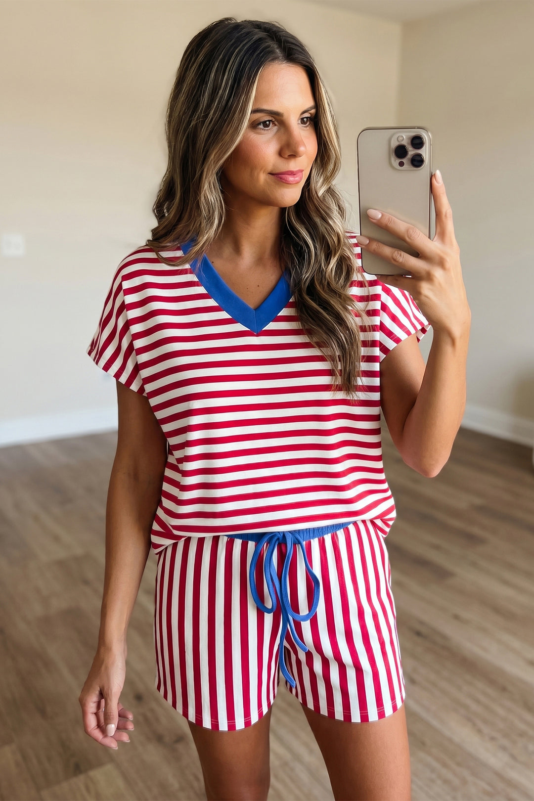 Stripe Colorblock Trim V Neck Tee Drawstring Elastic Waist Short Set