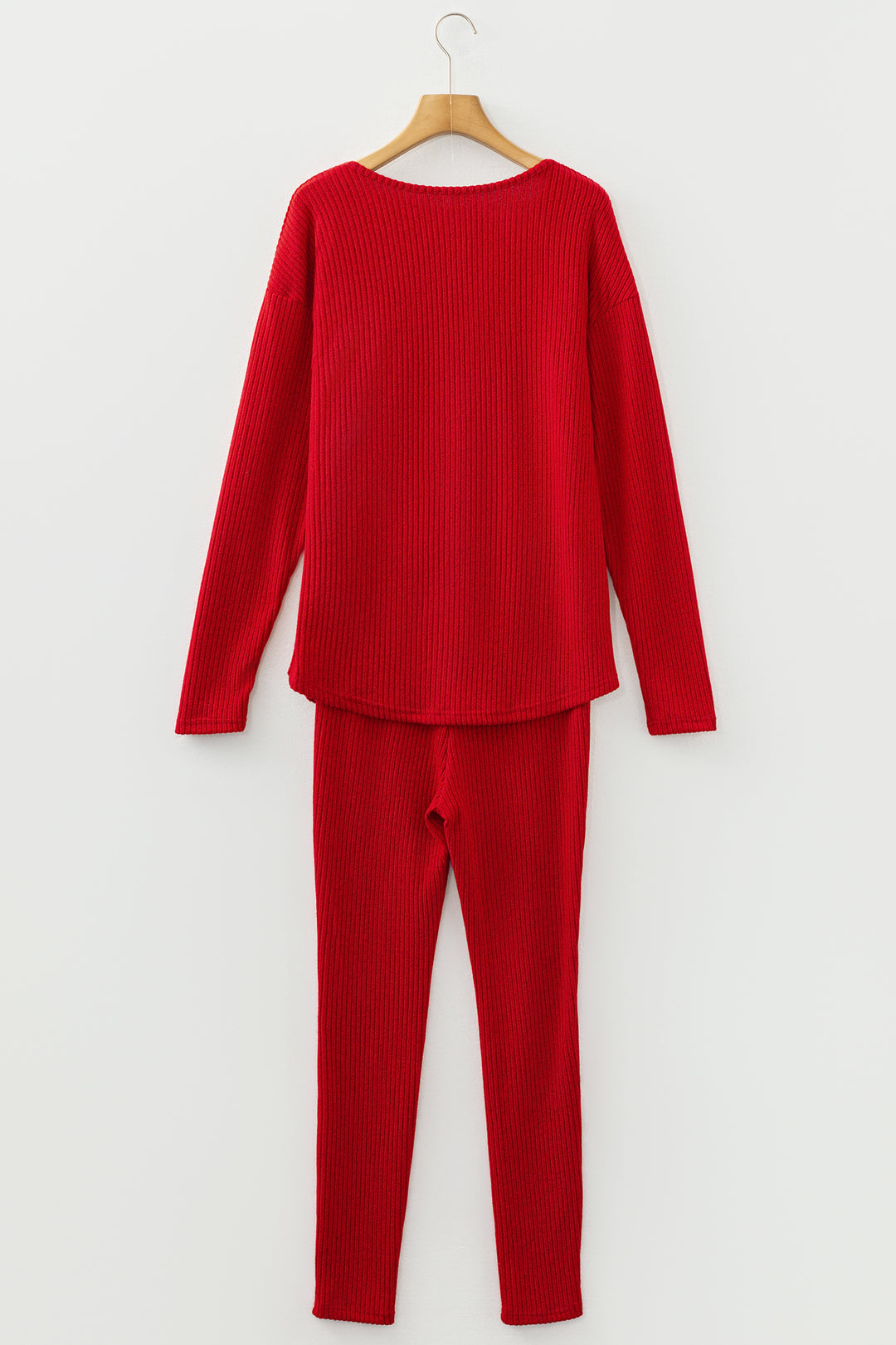 Ribbed Notched Neck Knit Long Sleeve Leggings Two Pieces Lounge Set