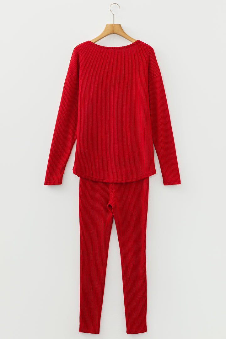 Ribbed Notched Neck Knit Long Sleeve Leggings Two Pieces Lounge Set