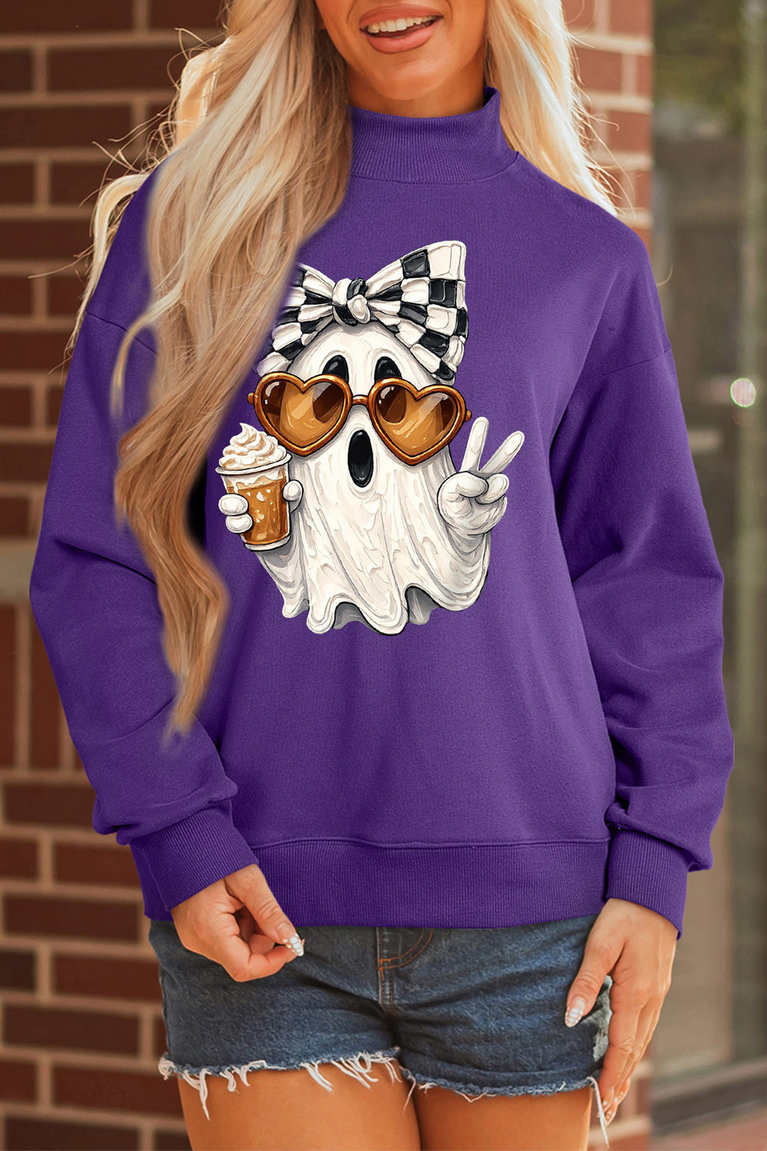 Tillandsia Purple Cute Ghost Print Pullover Mock Neck Sweatshirt