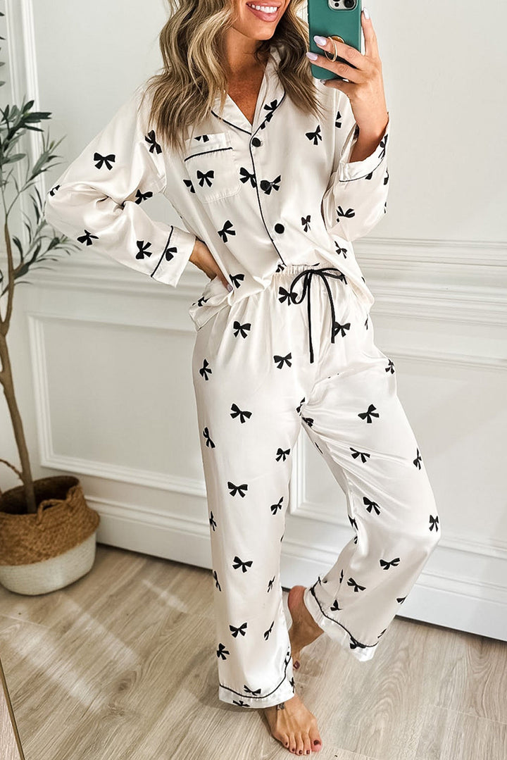 White Bows Print Two Piece Sleepwear