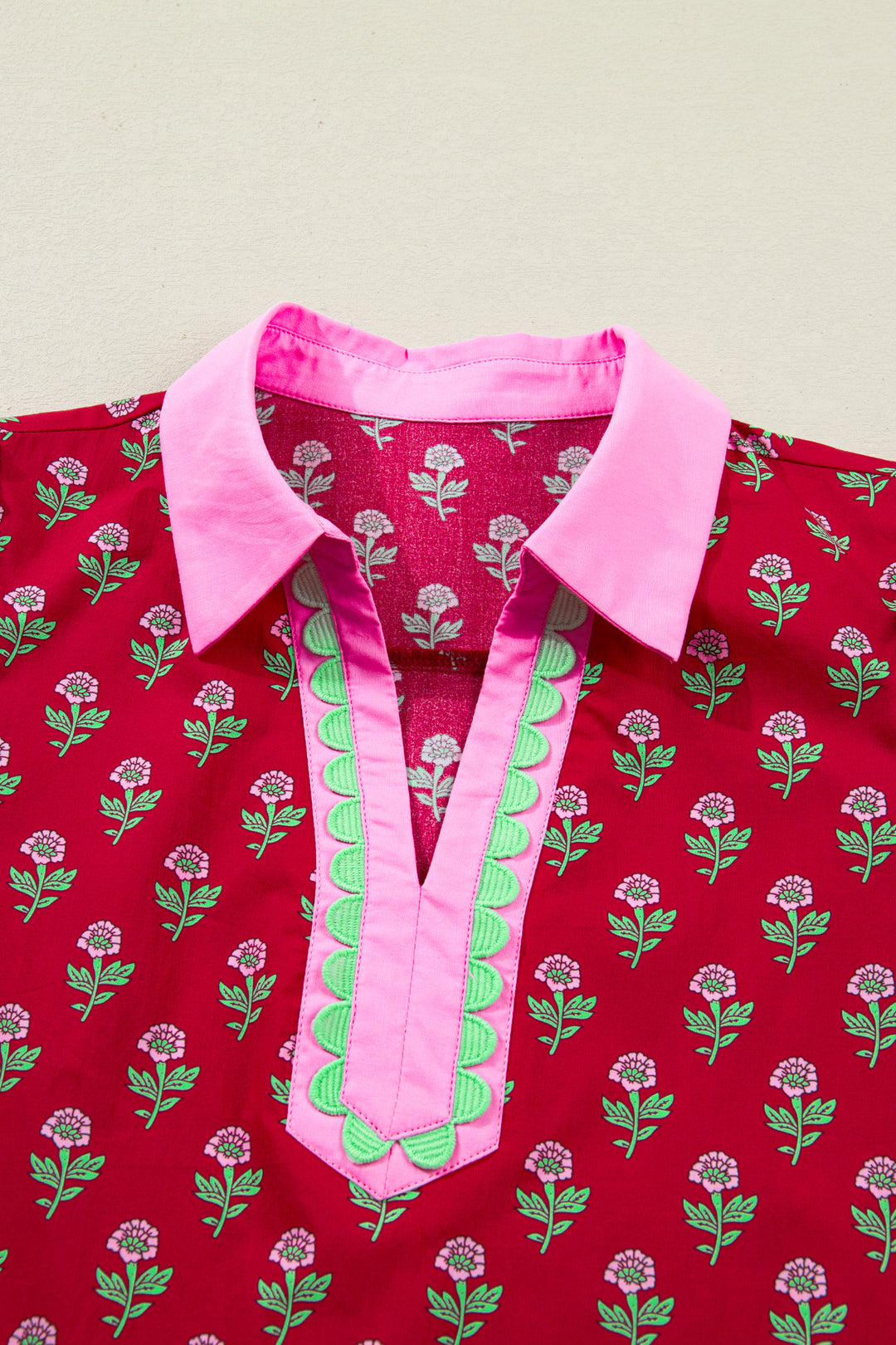 Red Floral Print Contrasted V Neck Short Bubble Sleeve Mini Dress