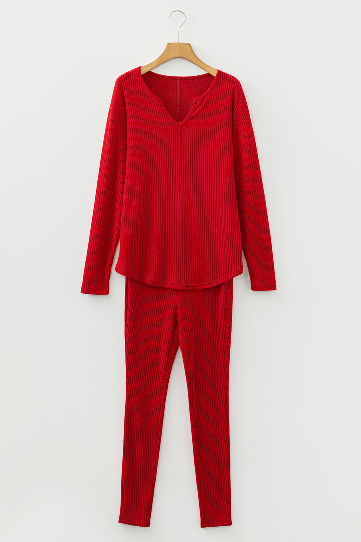 Ribbed Notched Neck Knit Long Sleeve Leggings Two Pieces Lounge Set