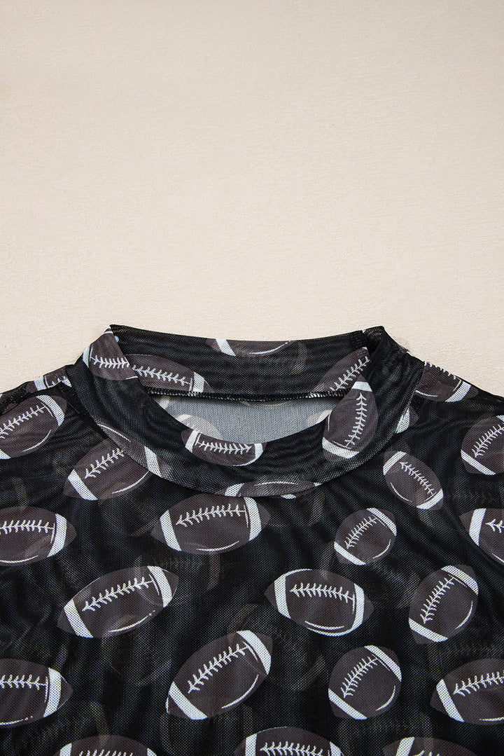 Black Game Day football Mesh Sheer Long Sleeve Top