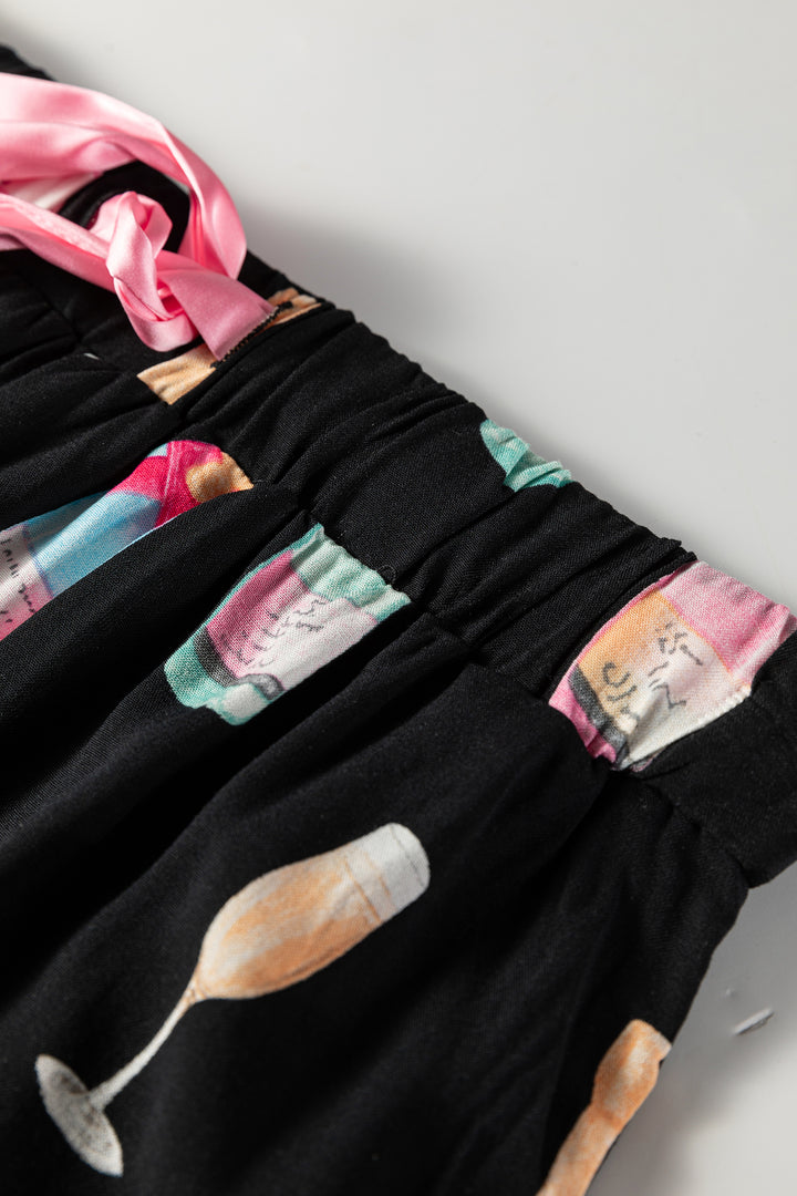 Christmas Wine Glass Print Bow Knot Two Piece Pajama Set