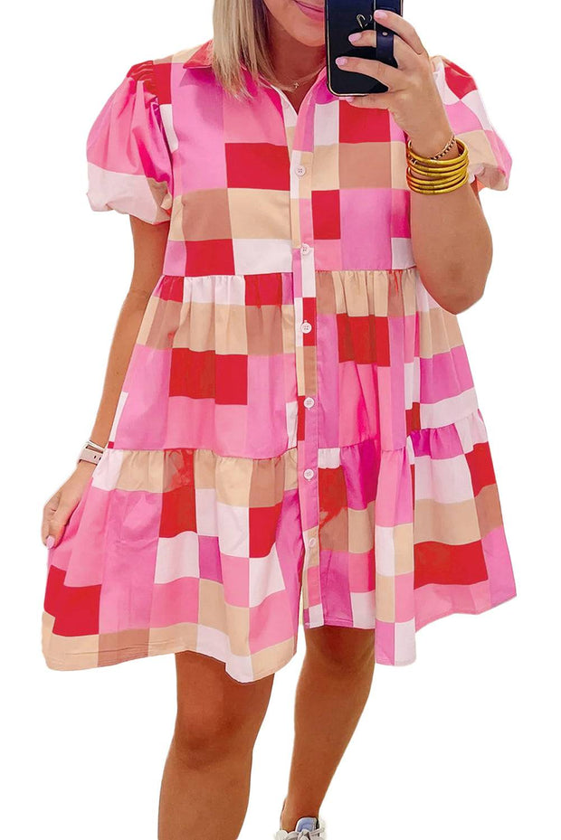 Pink Colorblock Plaid Puff Sleeve Tiered Mini Dress -