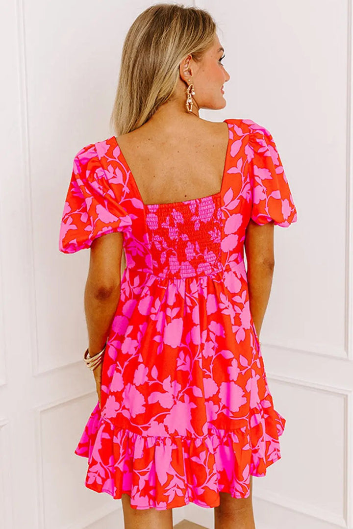 Red Floral Bubble Sleeve Sweetheart Neck Ruffled Mini Dress