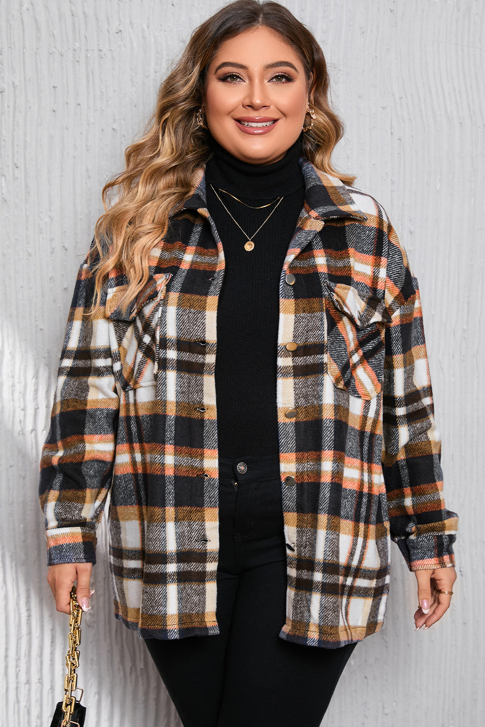 Geometric Plaid Print Pocketed Shacket