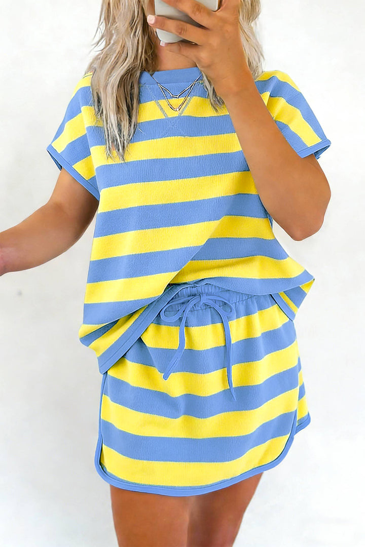Stripe Dolman Tee Drawstring Skort Athletic 2pcs Set