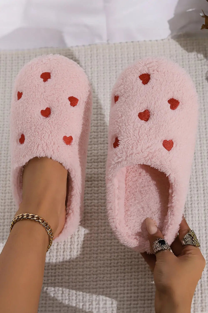 Pink Heart Shape Embroidered Slip On Plush Slippers