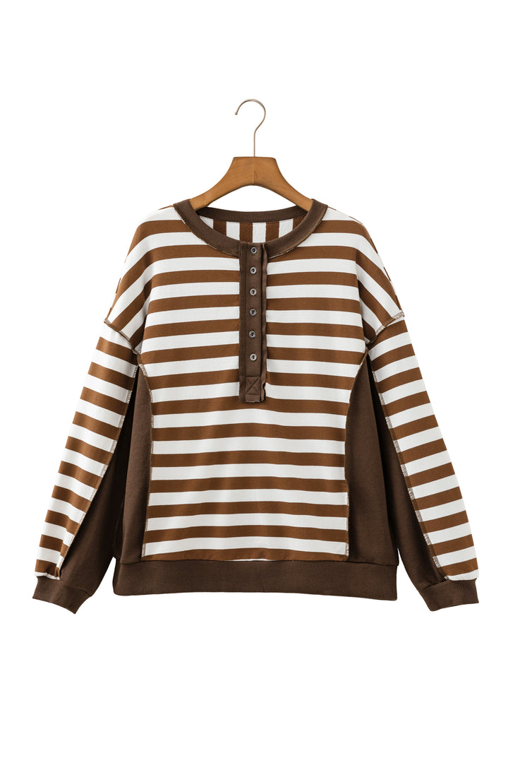 Brown Stripe Exposed Seam Color Block Patchwork Button Placket Sweatshirt