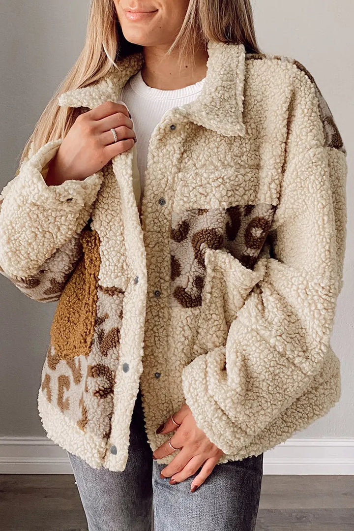 Beige Leopard Patchwork Snap Buttons Sherpa Jacket - Beige / L