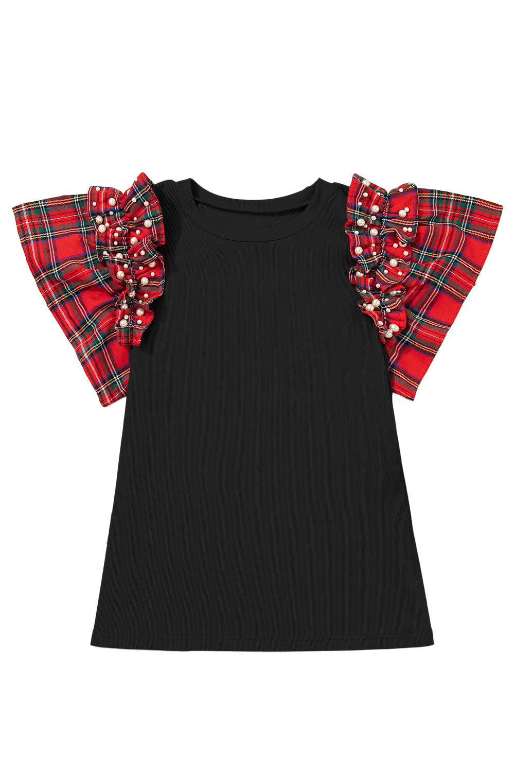 Plaid Pearl Ruffle Short Sleeve Loose T Shirt