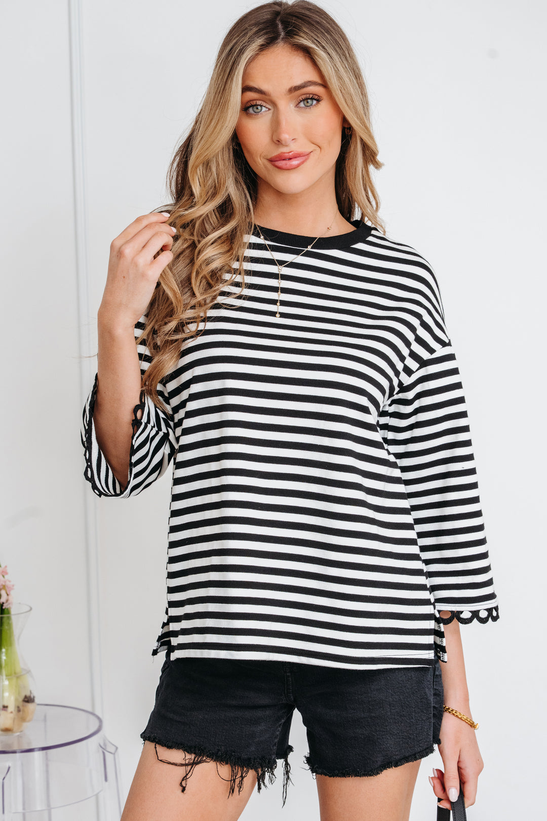 Racing Striped Print Drop Shoulder Lace Trim Bracelet Sleeve Loose Top
