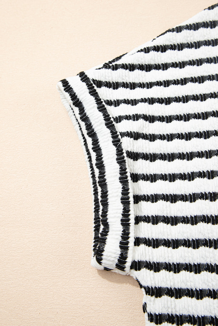 Stripe Knitted Short Sleeve Top and Drawstring Shorts Set