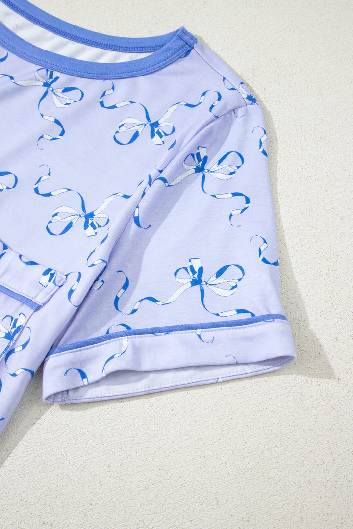 Sky Blue Bow Printed Ruffled Short Lounge Set