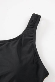 Black Asymmetric Neck Mesh Patchwork One Piece Swimwear -