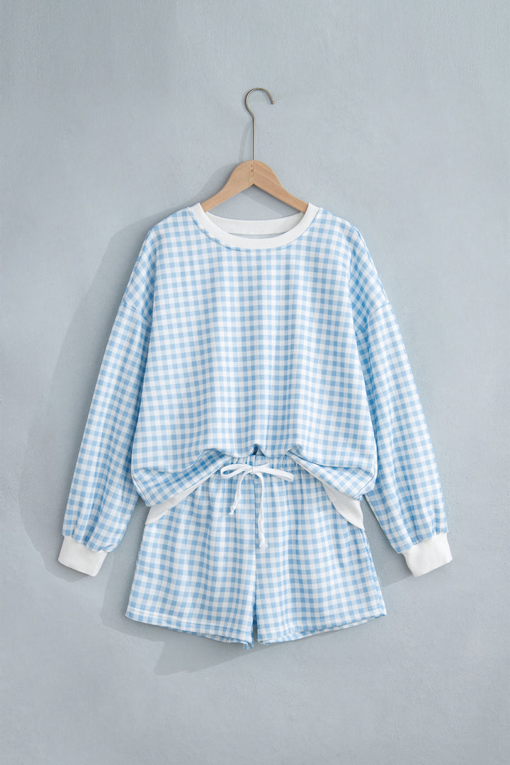 Plaid Baggy Pullover Drawstring Casual Shorts 2pcs Outfit