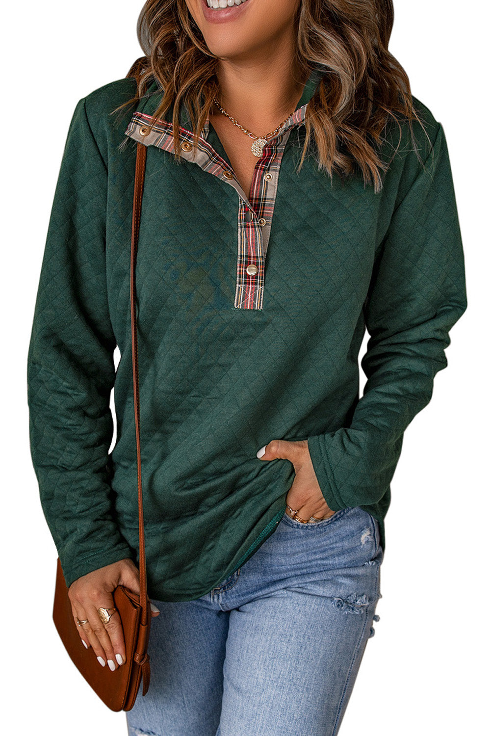 Geometric Texture Plaid Trim Sweatshirt