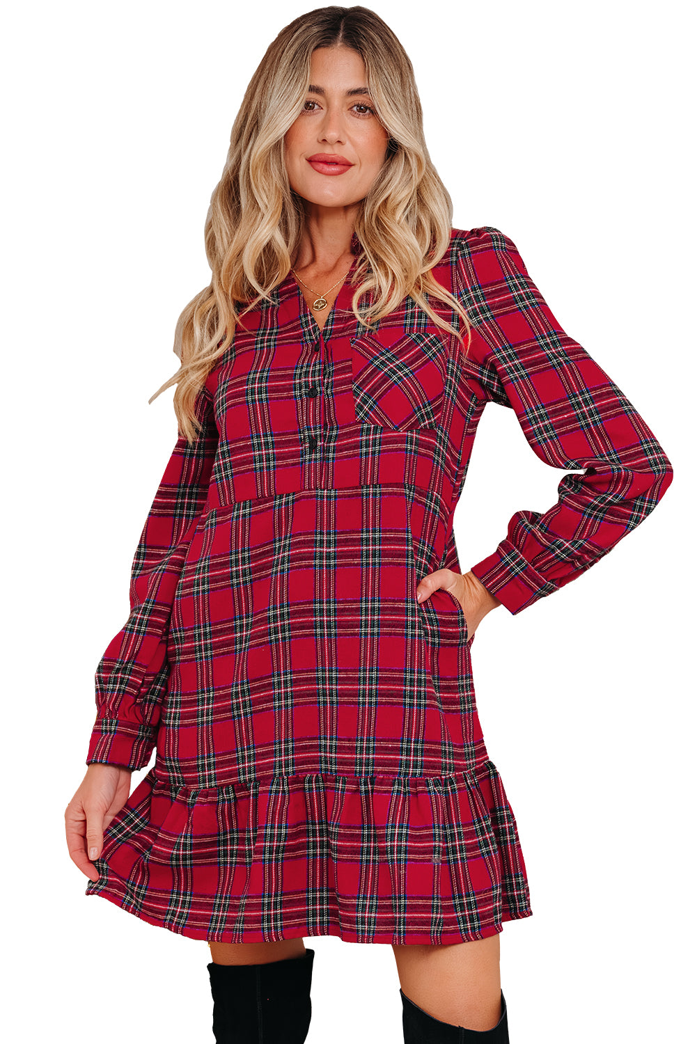 Red Tartan Plaid Button Down Ruffly Long Sleeve Mini Dress Red / XL / 59%Polyester+41%Cotton
