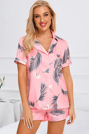 Printed Button Up Short Sleeve Top and Shorts Lounge Set - Carnation Pink / S