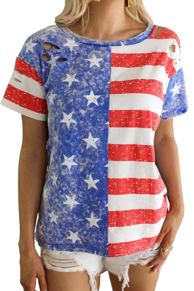 a woman wearing an american flag t - shirt