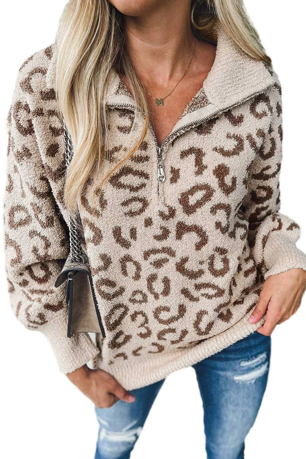 Gray Casual Animal Print Zipped Collared Sweater -