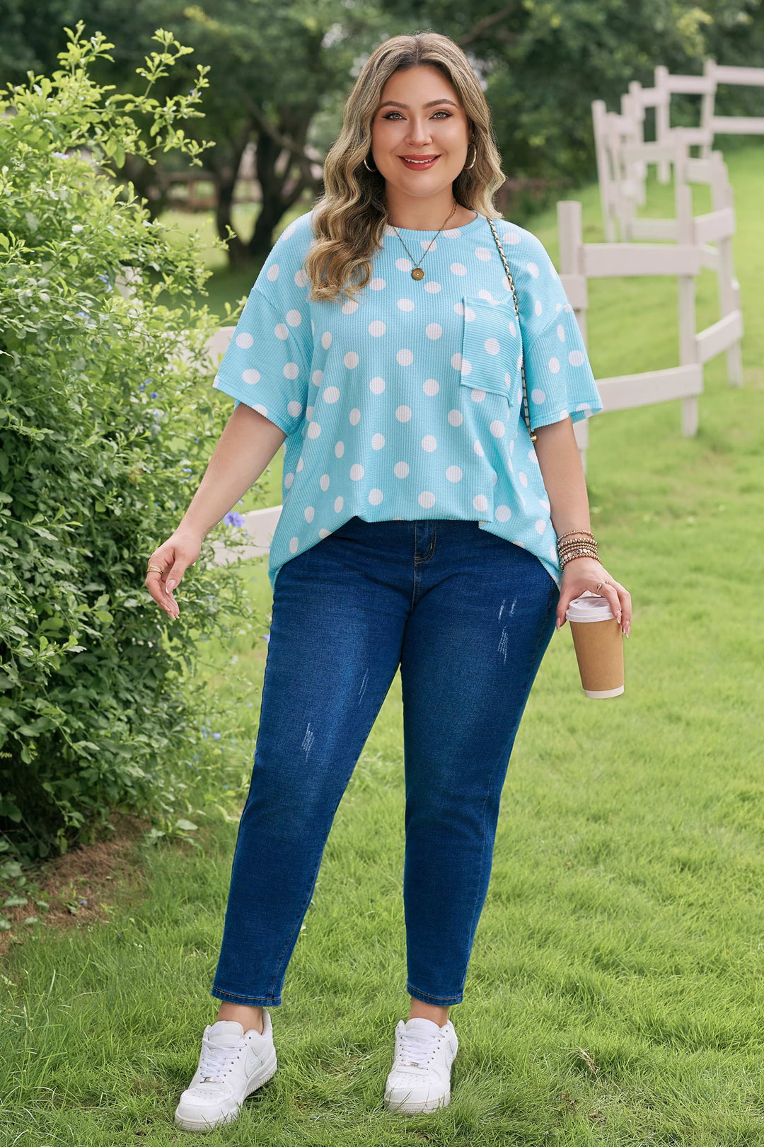 Twisted Rib Polka Dot Print Plus Size T Shirt