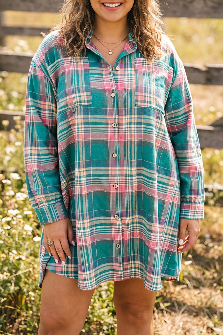 Green Plaid Button-Up Shift Long Sleeve V Neck Plus Size Dress