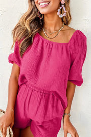 Bright Pink Crinkled Textured Square Neck Puff Sleeve and Shorts Set -